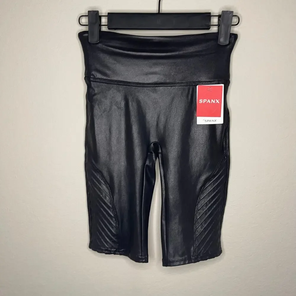 NEW SPANX Faux Leather Moto Bike Shorts in Very Black NWT - Size XS
